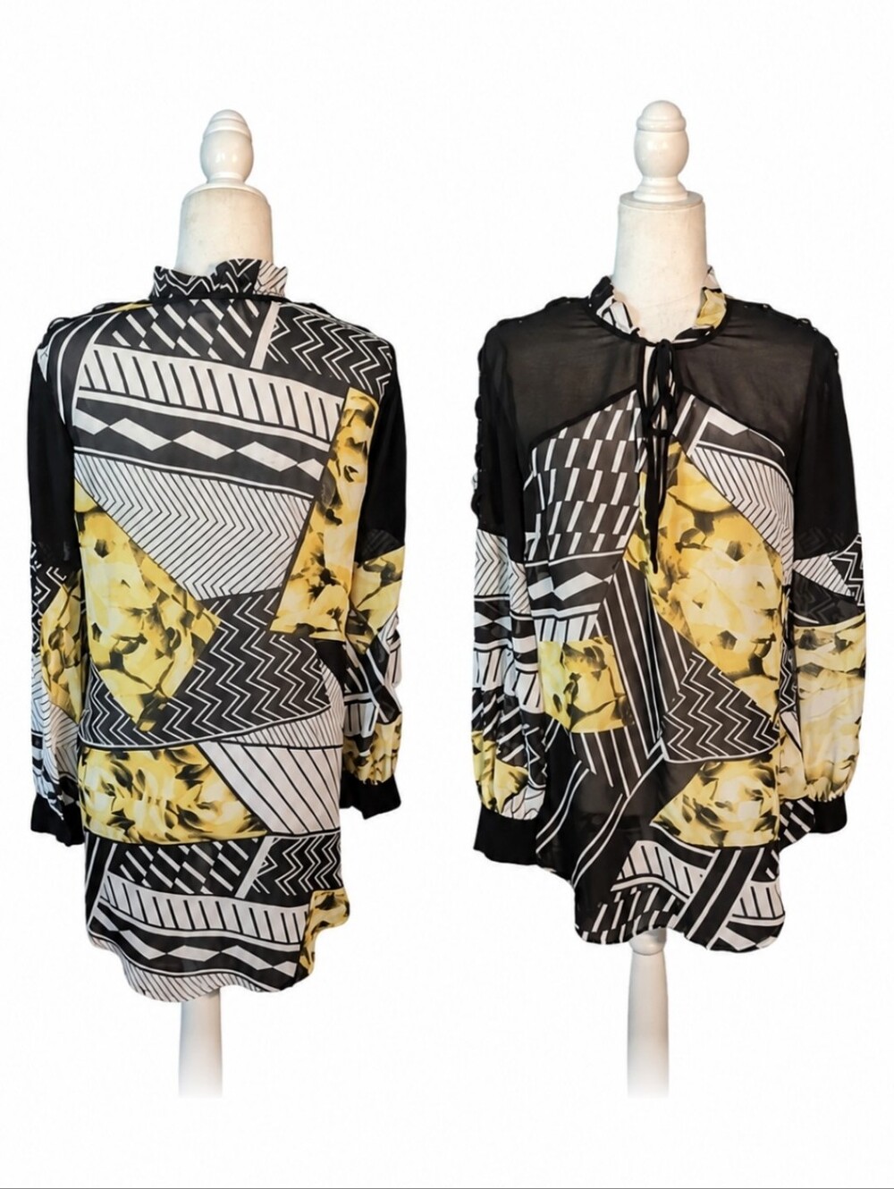 Bisou Bisou semi sheer abstract floral print yellow Neck Tie Flowy Long Top sz M